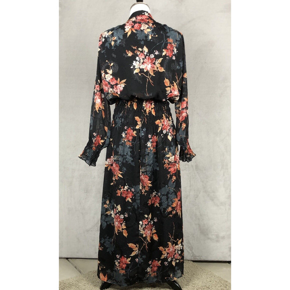 BISHOP + YOUNG Maxi Dress Sz M Floral Chiffon Smocked Waist Cuffs Lined Tie Neck - Picture 3 of 16